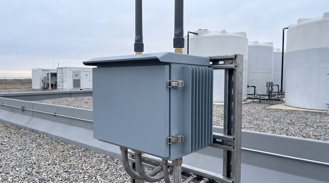 Acid resistant smart grid iot edge telemetry gateway with sunshade canopy mounted along perimeter berm of utility scale vanadium redox flow battery vrfb long duration energy storage farm