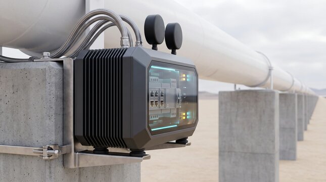 Vibration isolated smart grid iot edge computing gateway mounted to concrete support pier beneath elevated low pressure steel vacuum guideway tube for experimental high speed hyperloop pod line