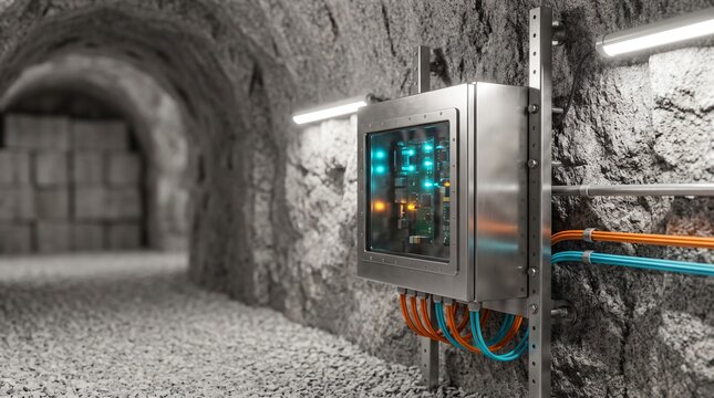 Radiation shielded smart grid edge computing iot gateway enclosure bolted into granite rock in engineered barrier deposition drift of deep geological repository for spent nuclear fuel canisters