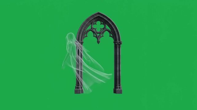 Halloween green screen spooky ghost scary haunting apparition phantom specter spirit woman female mysterious eerie gothic arch dark window bride
