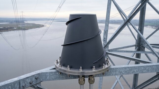 High wind smart grid iot edge telemetry gateway in truncated conical frustum form factor with aerodynamic helical strakes bolted to steel crossarm saddle of estuary crossing transmission tower