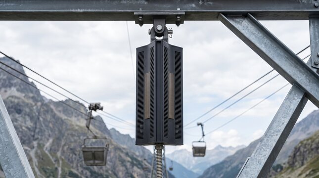 High vibration smart grid iot telemetry edge gateway in vertical tri lobe star profile prismatic column suspended beneath crossbeam of industrial aerial mineral tramway ropeway pylon in mountain