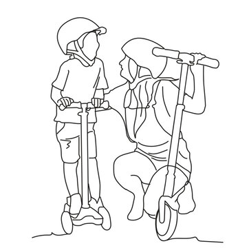 A mother accompanies her child while they play on a scooter.