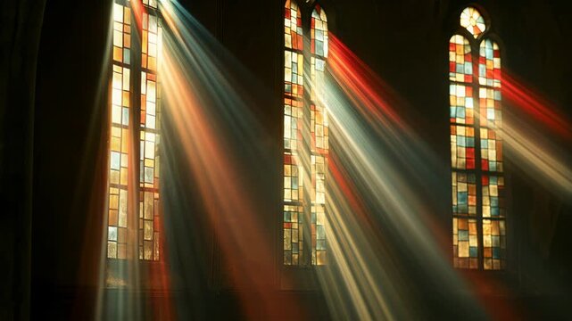 Sunlight shining through stained glass windows in a church