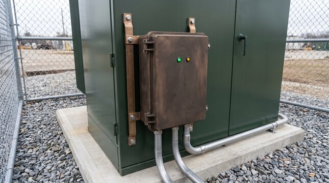 Compact ruggedized smart grid wireless edge iot gateway junction box with rigid ninety degree conduit elbows mounted to forest green steel sidewall of outdoor pad mounted distribution transformer