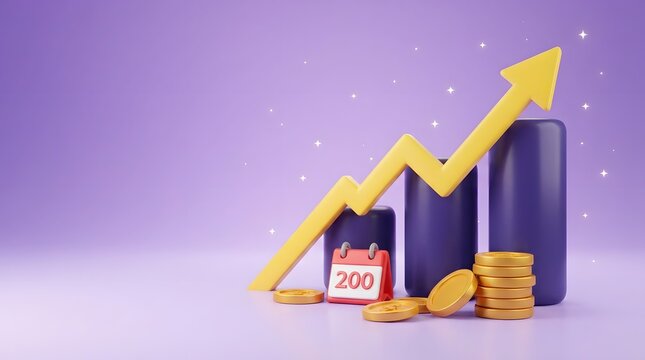 Growth concept with calendar showing two hundred days and golden coins on purple background