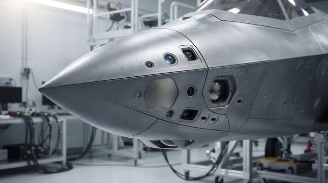 Advanced military fighter jet nose showing sensor array in hangar
