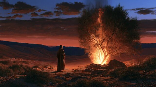 Moses encounters the burning bush in the desert at sunset near Mount Sinai
