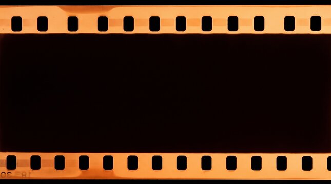 Blank 35mm film strip with orange sprocket holes and a dark center frame on a black background with celluloid