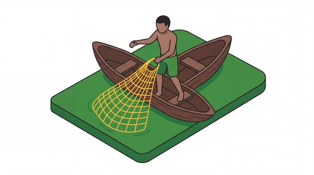 Indigenous peoples' vektor of a traditional fisherman in canoe
