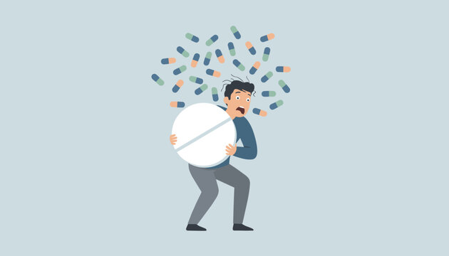 Man struggling under the weight of a giant white medical pill while many colorful capsule pills fall over him.