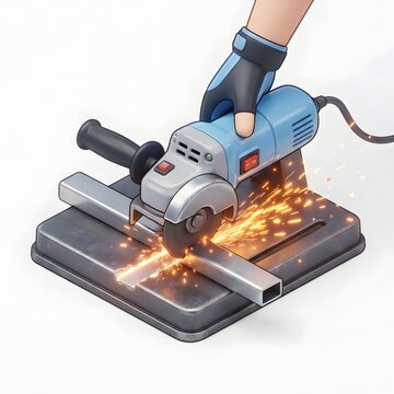 Isometric angle grinder cutting metal with sparks flying on a white background