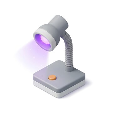 Isometric desk lamp with purple light shining on white background modern illumination