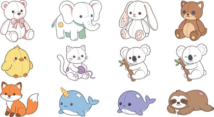Obraz premium Cute Woodland and Ocean Animal Illustration Set with Teddy Bear, Elephant, Bunny, Cat, Koala, Fox, Dolphin, Whale, Sloth, and Chick