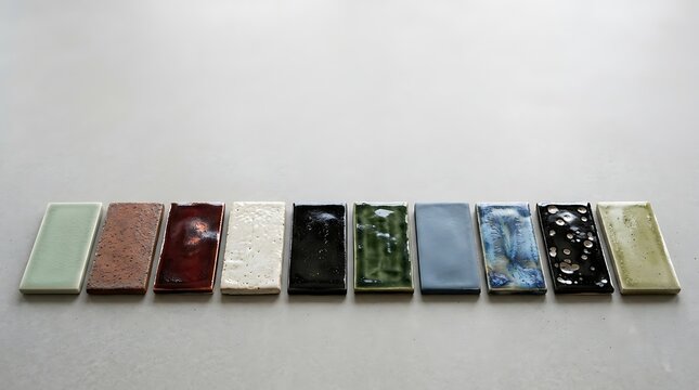 Row of colorful ceramic tiles arranged on a neutral grey background