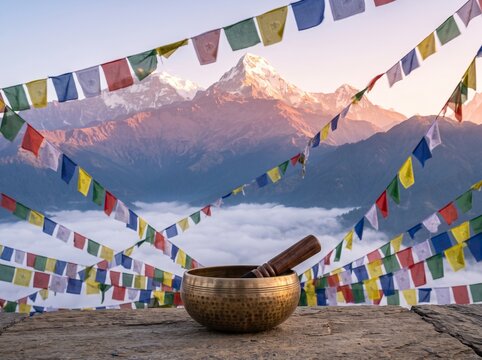 Himalayan singing bowl and colorful prayer flags at sunrise with snow-capped mountains in Nepal