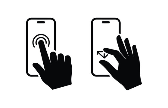 Hand touching screen and pinching mobile phone display icons on transparent checkered background.