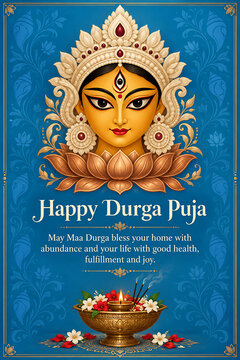 Decorative goddess durga portrait with lotus motif floral ornaments and worship elements for durga puja navratri traditional hindu festival celebration greeting artwork