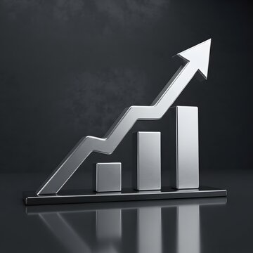 Silver arrow pointing upwards from bar graph on dark gray background financial growth concept