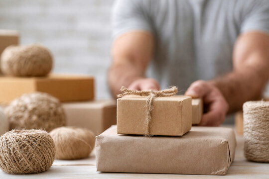 Man packages gift with care, using twine and brown paper. Stacks of boxes sit nearby, ready for delivery. Hands show gentle touch, showing thoughtful care. Ideal for e-commerce, shipping