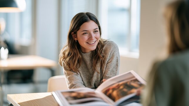 Self-Promotion Month:a confident young female photographer presenting her printed portfolio to a client in a bright modern coworking space