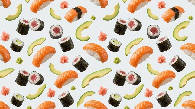 Sushi Seamless Pattern with Salmon Nigiri Tuna Maki Rolls Avocado Wasabi and Ginger Flat Lay Food Background