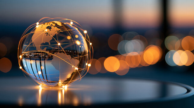 Illuminated globe resting on a reflective surface with distant city lights glowing beyond, global urban connectivity concept, moody studio photography, defocused ambient lighting,