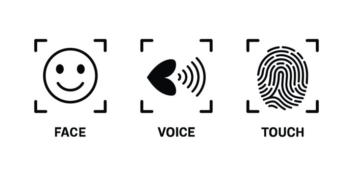 Biometric identification concept with face, voice, and touch recognition for personal security access.