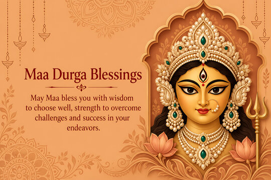 Elegant goddess durga portrait with jeweled crown lotus flowers trishul and mandala patterns for durga puja navratri spiritual festive celebration greeting background