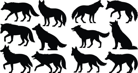 Obraz premium Wolf silhouette icon set featuring standing, walking, sitting, and howling poses for wildlife, nature, and animal design projects