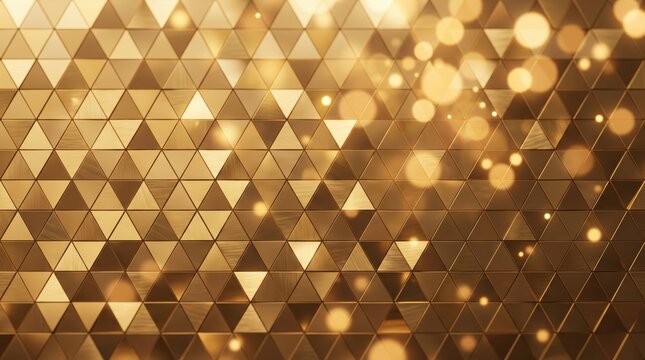 Luxury golden geometric triangle pattern background, shiny metallic texture with sparkling bokeh lights, elegant abstract design for holiday celebration or premium branding