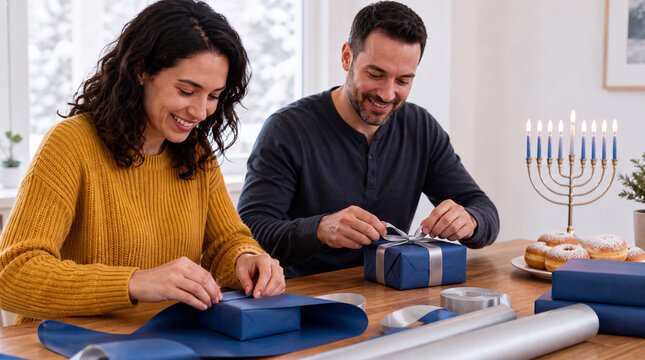 Two adults wrapping blue Hanukkah gifts at a table