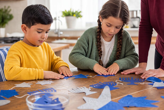 Children making blue Hanukkah decorations at a table
