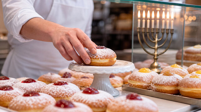 Hand arranging jam doughnuts for Hanukkah