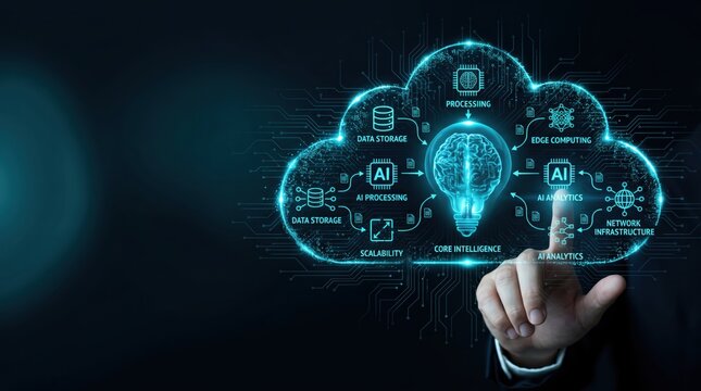 Futuristic artificial intelligence cloud computing concept with brain icon, data processing analytics, scalability and network infrastructure technology visualization on digital
