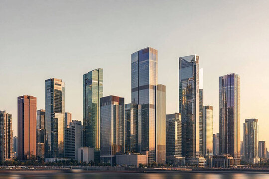 Financial District Skyline along Waterfront during Golden Hour