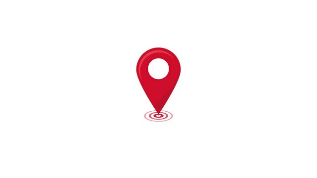 Animated red map location pin with pulsing circular waves on a clean white background for GPS navigation and location tracking