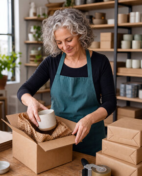 Older woman packing a ceramic mug for shipping