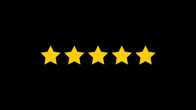 Five star review symbols glowing and animating for customer satisfaction feedback concept on black background