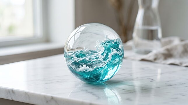 Crystal clear glass sphere containing a realistic blue ocean wave, symbolizing environmental conservation, water purity, nature preservation, and the delicate balance of our