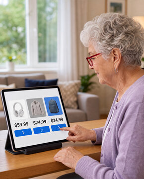 Older woman browsing products on a tablet at home