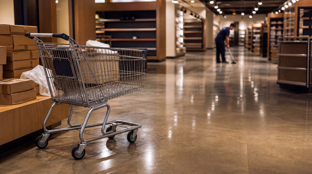 Empty shopping cart in a store as a worker cleans the aisle