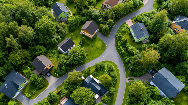 High-angle aerial view of scattered rural residential houses surrounded by lush green trees and narrow asphalt roads, suburban planning concept, daylight drone photography,