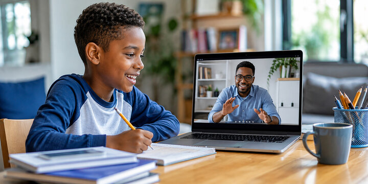 Young Boy Attending Online Tutoring Lesson via Laptop Computer