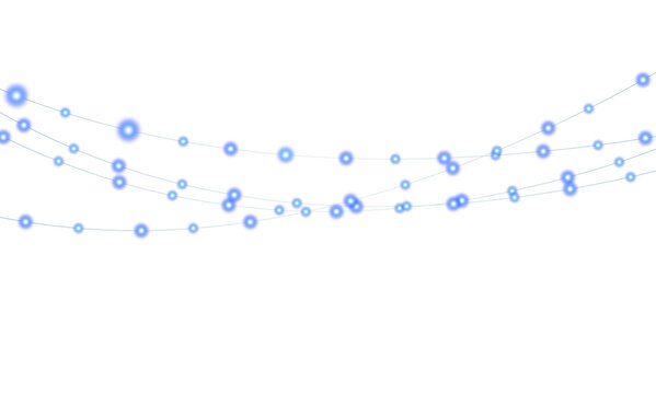 Blue LED string lights garland with glowing bulbs isolated on transparent background PNG