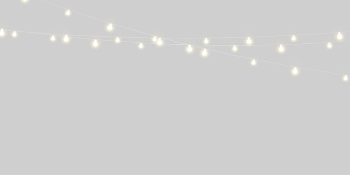 Minimal golden string lights with glowing lamps, modern holiday design element