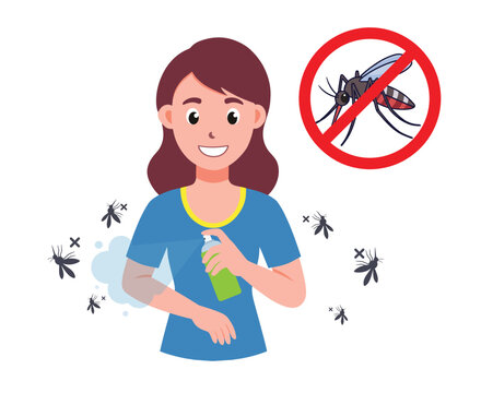 Woman applying mosquito repellent spray to protect against insect bites in flat vector illustration