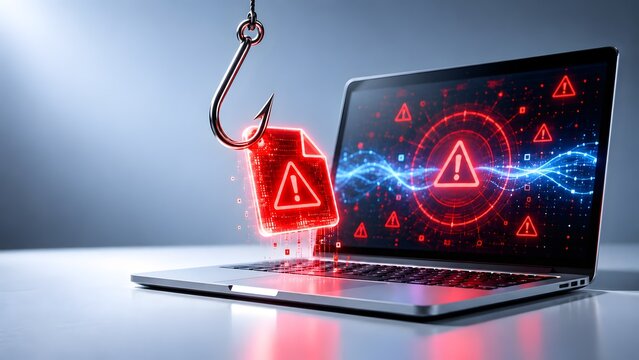 Phishing cyber attack concept showing a metal fishhook stealing a red glowing document file from a laptop computer.