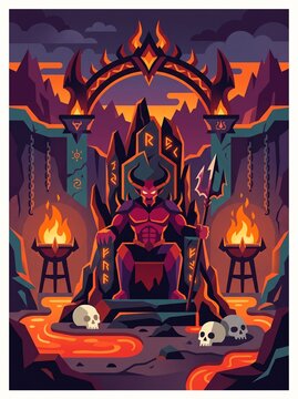 Horned devil king on throne with trident and lava streams, vector art, red purple, halloween concept