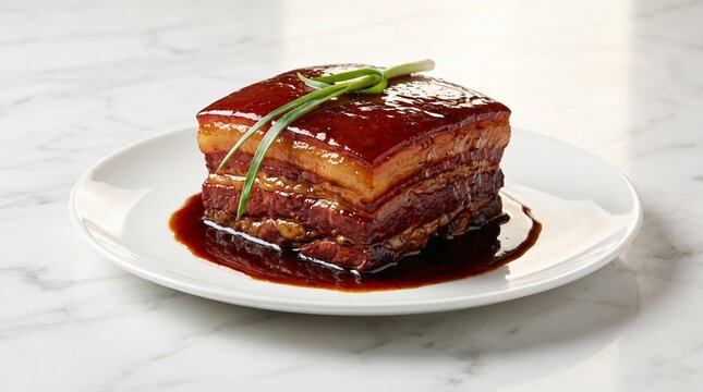 Authentic Chinese Dongpo Rou featuring a thick perfectly square cut of deeply caramelized slow braised pork belly, glistening with a rich sweet and savory dark soy glaze on a pristine ceramic plate